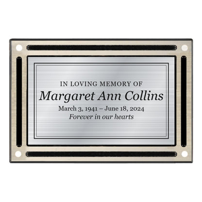 4 x 6 black and silver cast aluminum wall plaque with engraved silver memorial plate