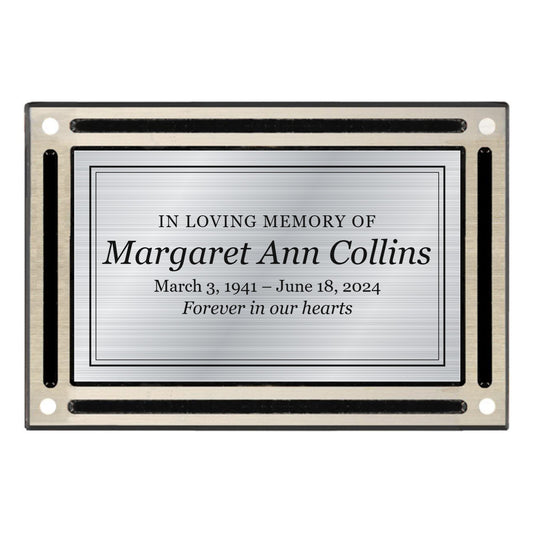 4 x 6 black and silver cast aluminum wall plaque with engraved silver memorial plate