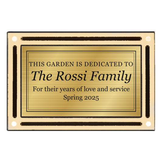 4 x 6 bronze and gold cast aluminum wall plaque with engraved gold garden dedication plate