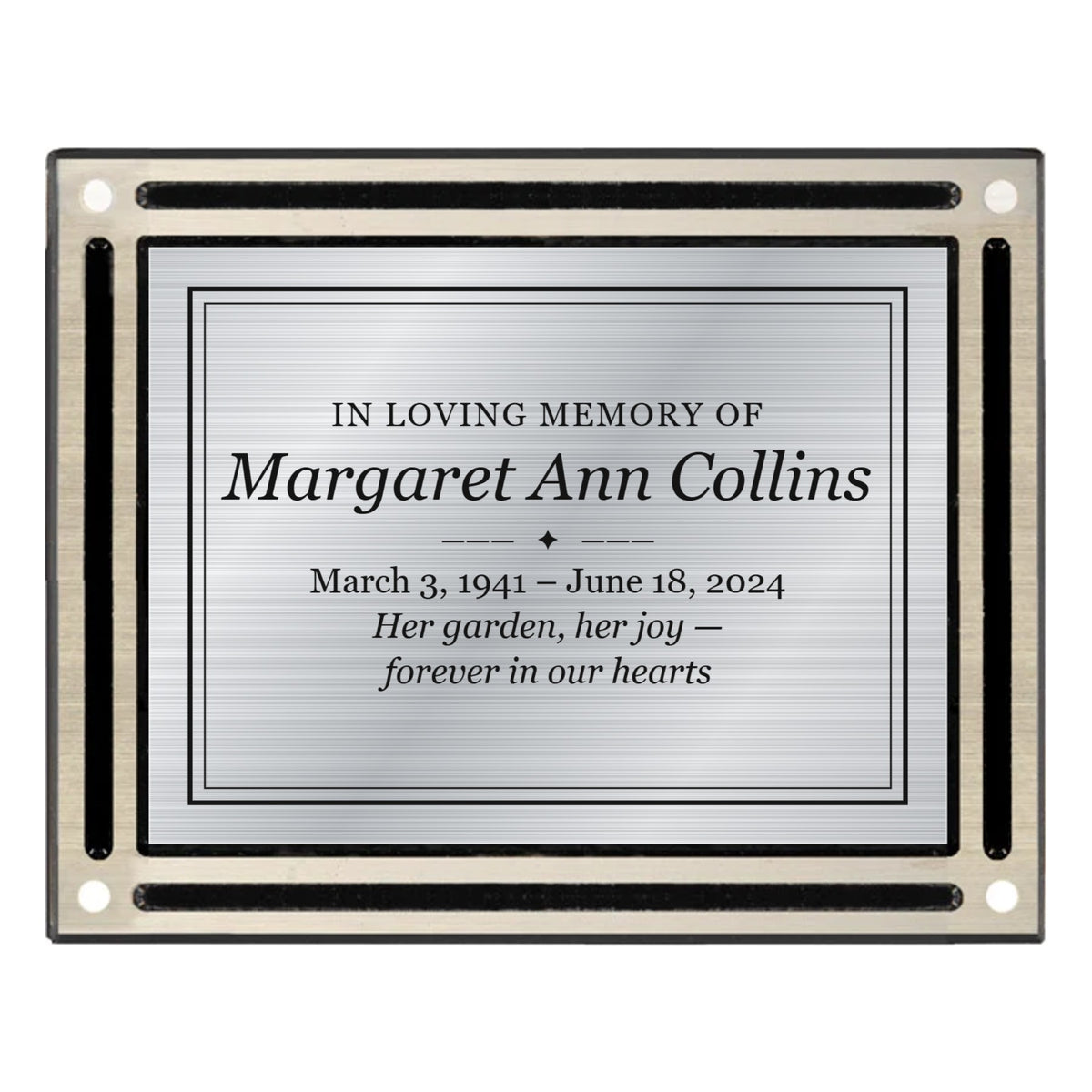 6 x 8 black and silver cast aluminum wall plaque with engraved silver memorial plate