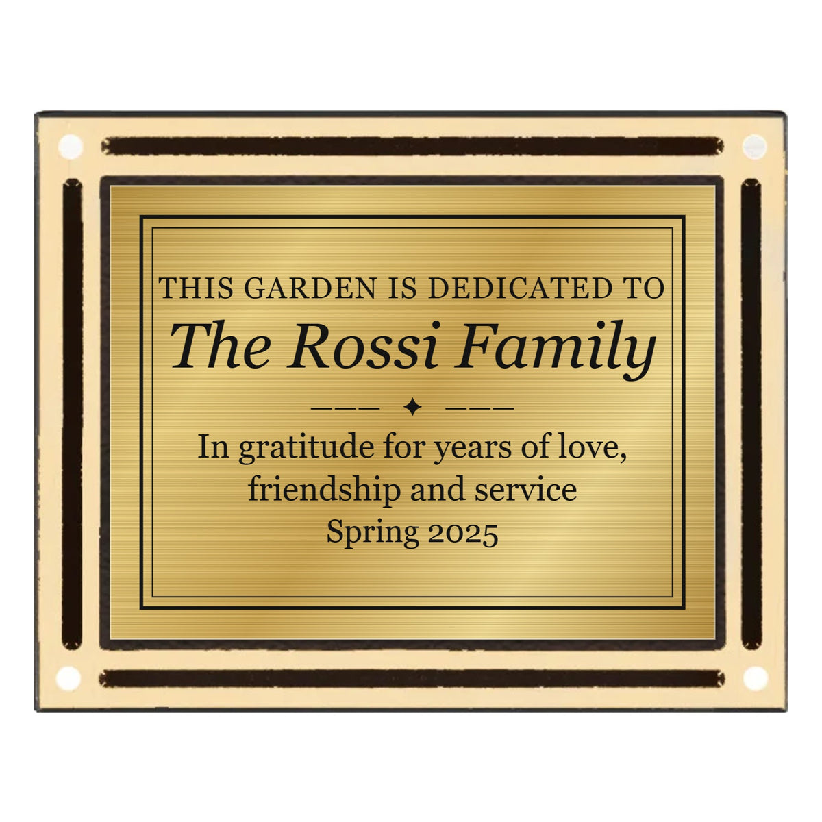 6 x 8 bronze and gold cast aluminum wall plaque with engraved gold garden dedication plate