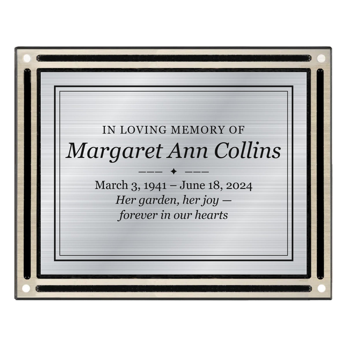 8 x 10 black and silver cast aluminum wall plaque with engraved silver memorial plate