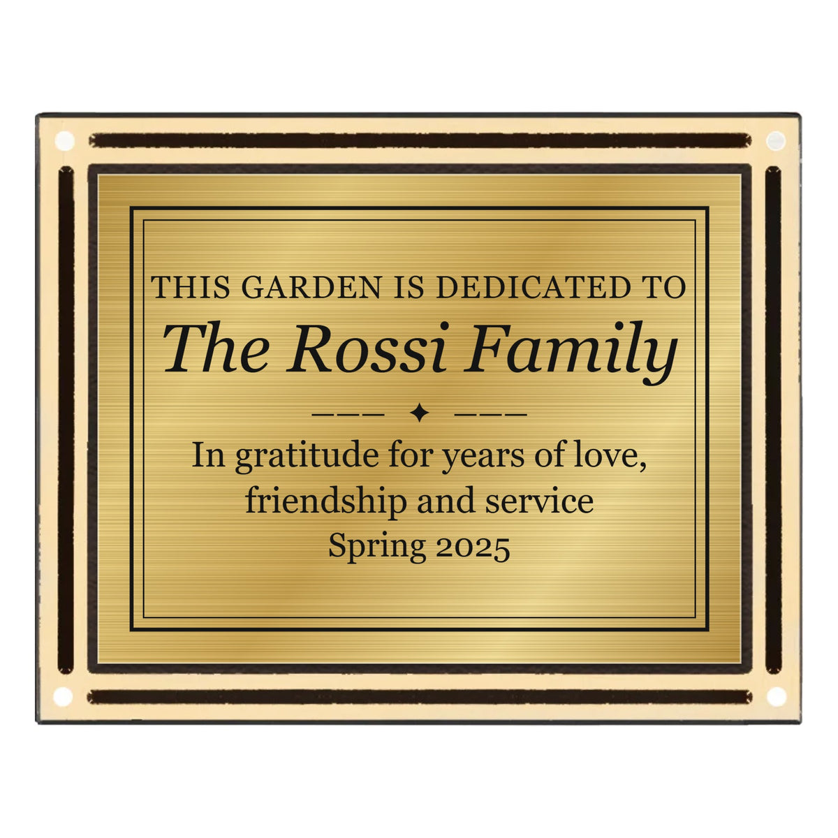 8 x 10 bronze and gold cast aluminum wall plaque with engraved gold garden dedication plate