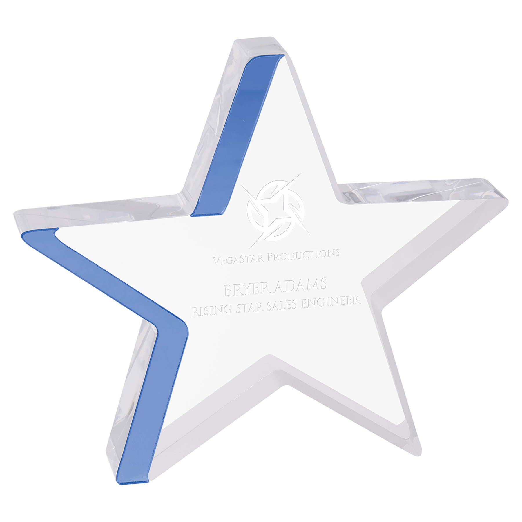 Blue Edge Star Acrylic award, 6 3/4" x 6", self-standing acrylic with clear engraving area