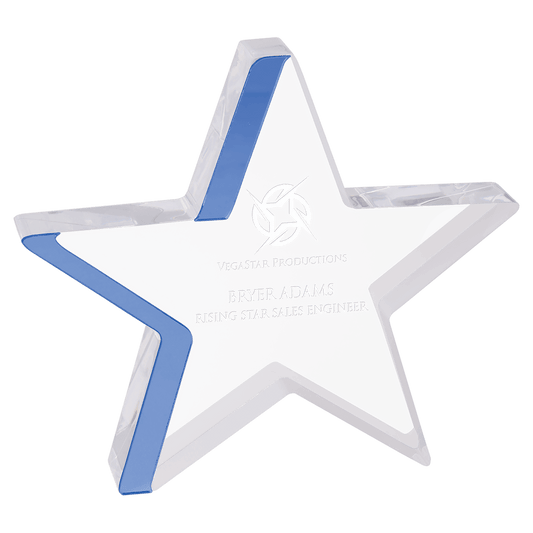 Blue Edge Star Acrylic award, 6 3/4" x 6", self-standing acrylic with clear engraving area