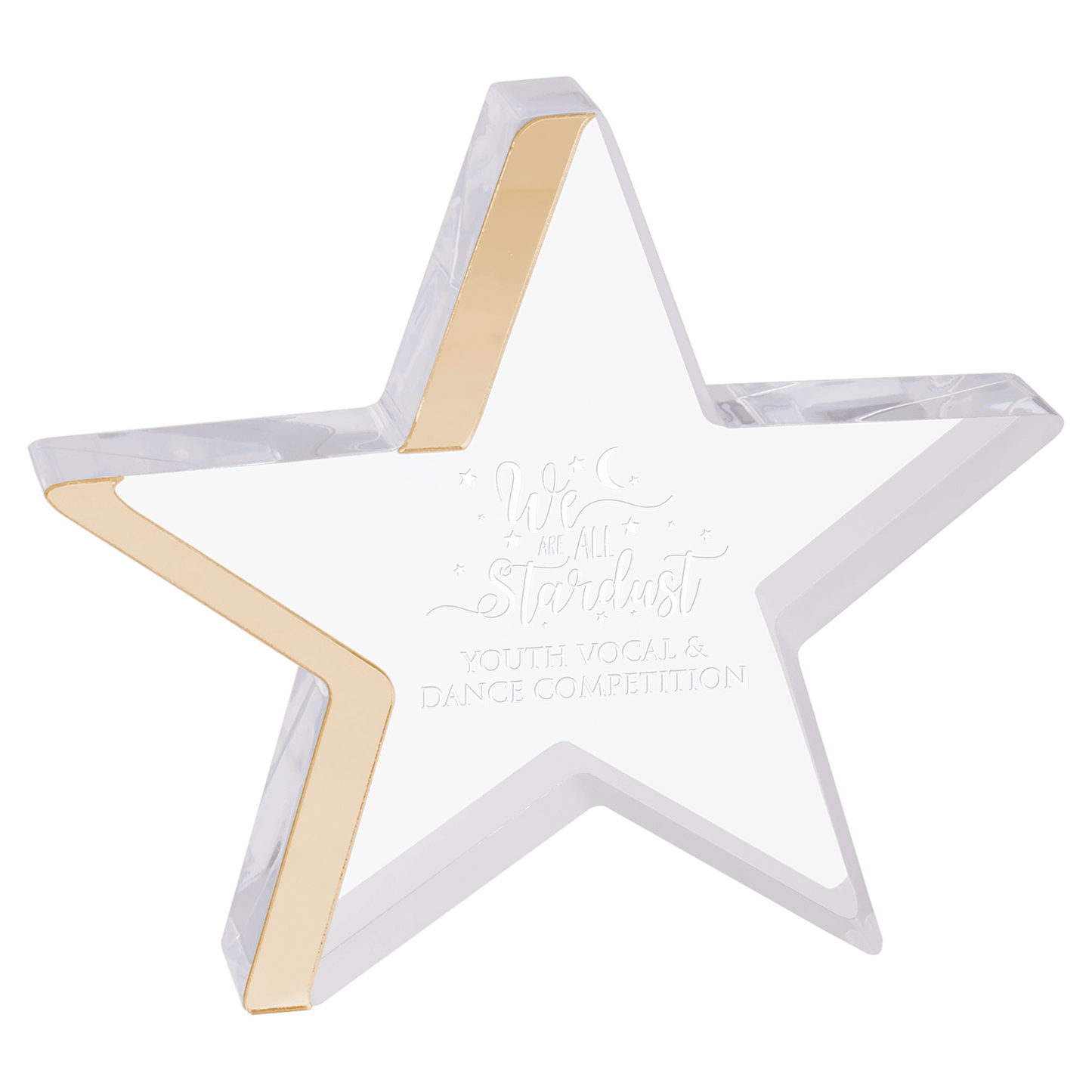 Gold Edge Star Acrylic award, 6 3/4" x 6", self-standing acrylic with clear engraving area