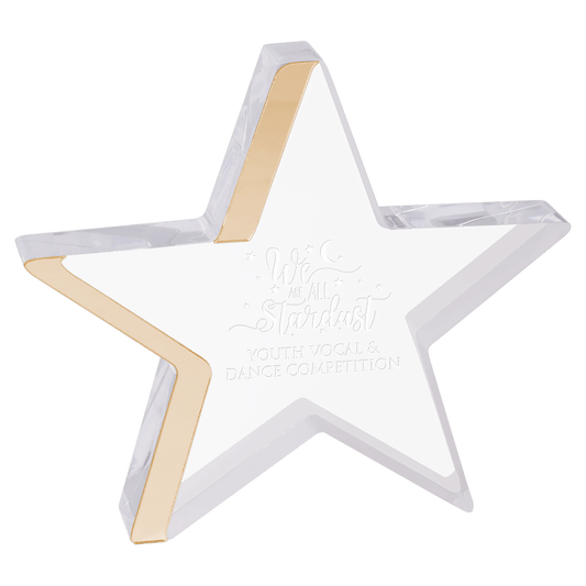 Gold Edge Star Acrylic award, 6 3/4" x 6", self-standing acrylic with clear engraving area