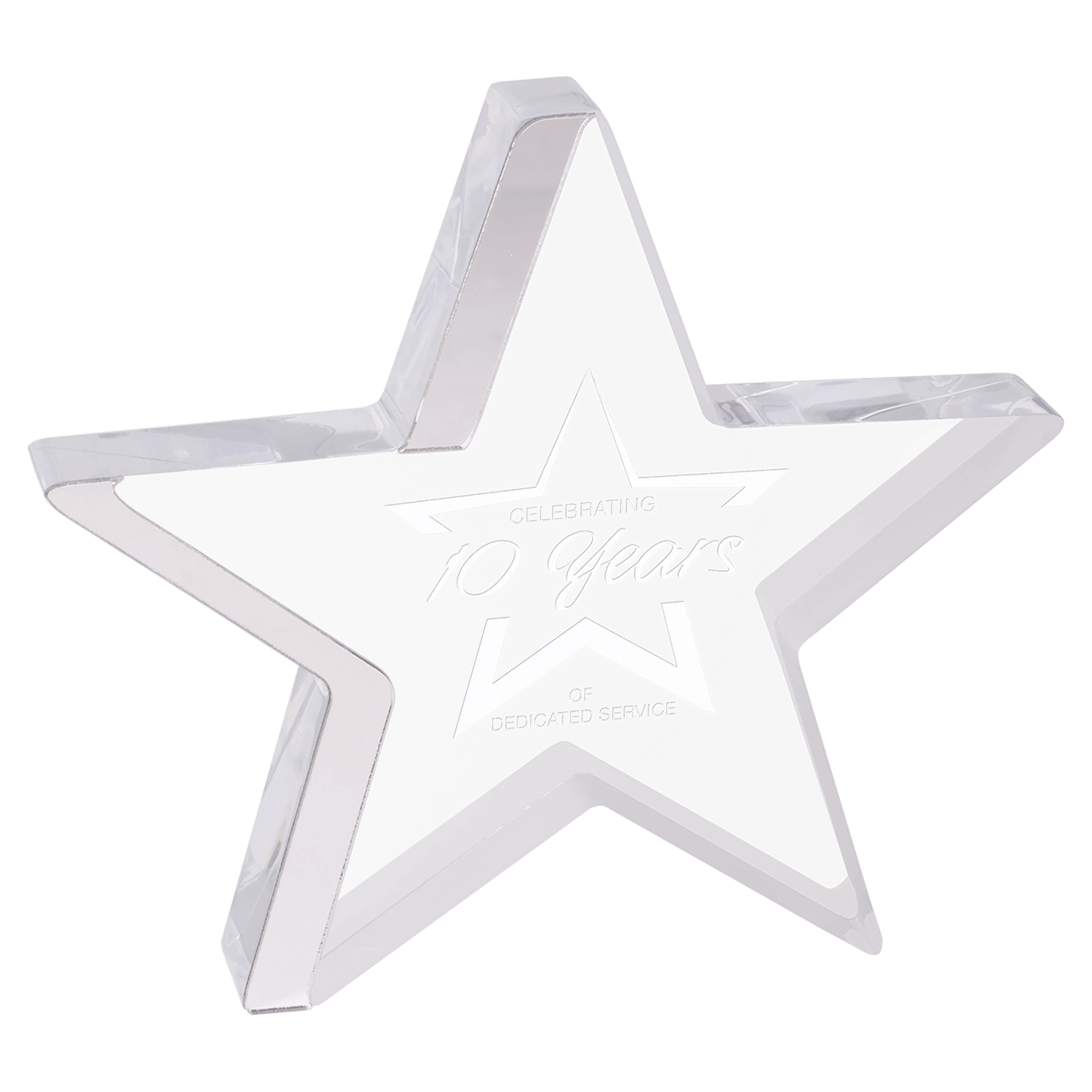 Silver Edge Star Acrylic award, 6 3/4" x 6", self-standing acrylic with clear engraving area