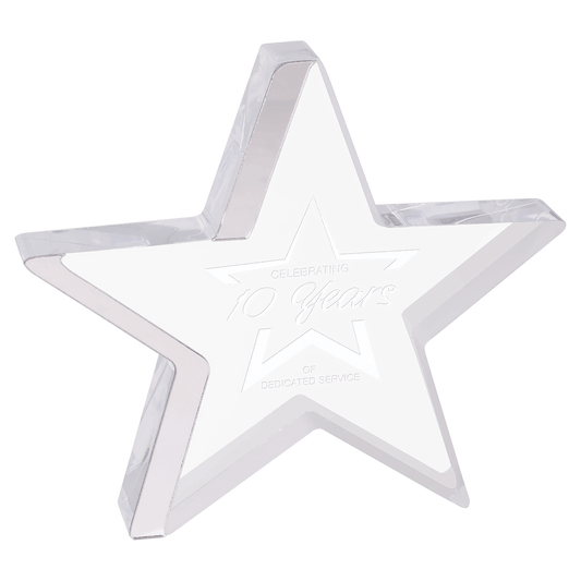 Silver Edge Star Acrylic award, 6 3/4" x 6", self-standing acrylic with clear engraving area
