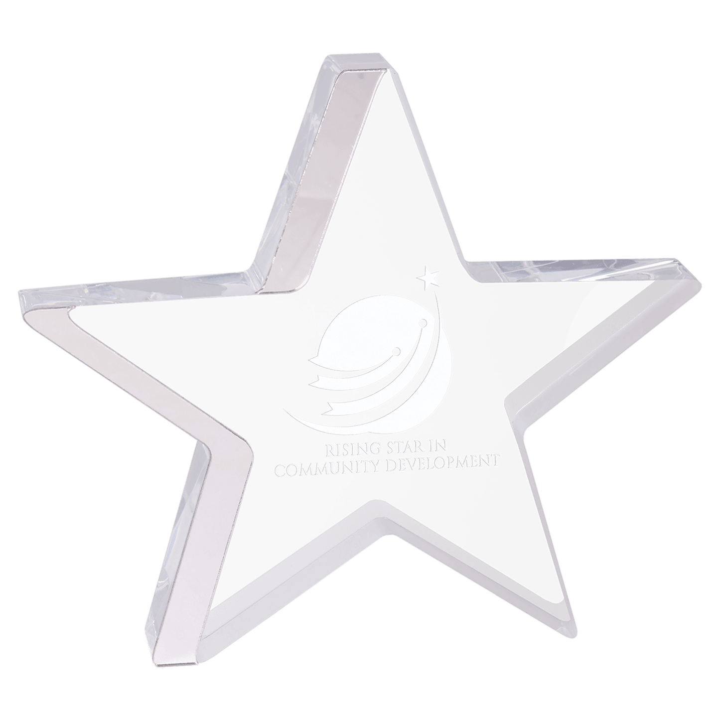Silver Edge Star Acrylic award, 7 3/4" x 7", self-standing acrylic with clear engraving area