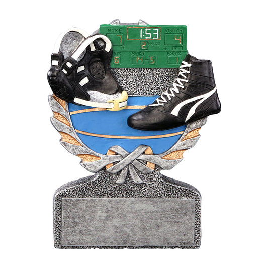 Centurion wrestling trophy with full-color wrestling shoes, headgear and a match clock on a laurel crest with engraving plate