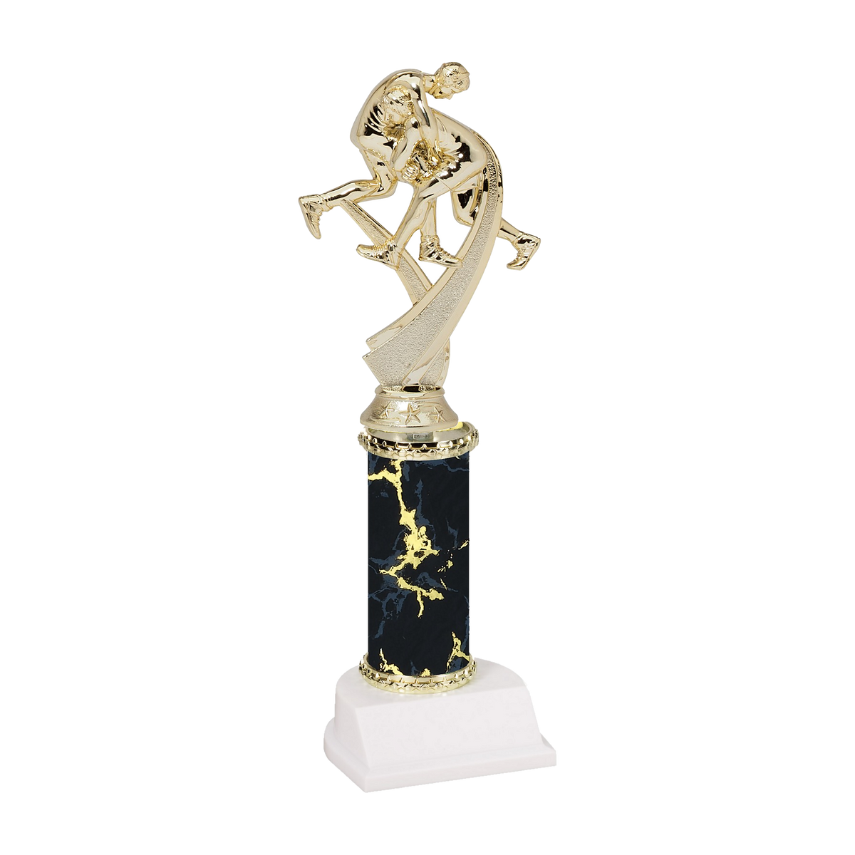 Champion Series Wrestling Trophy - Takedown, gold two-wrestler figure on a swoosh riser atop a black marble column with white base