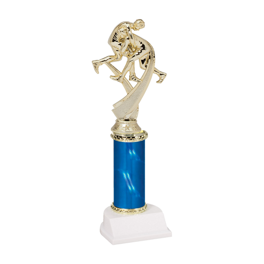 Champion Series Wrestling Trophy - Takedown, gold two-wrestler figure on a swoosh riser atop a blue column with white base