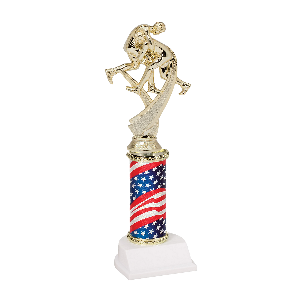 Champion Series Wrestling Trophy - Takedown, gold two-wrestler figure on a swoosh riser atop a stars and stripes flag column with white base