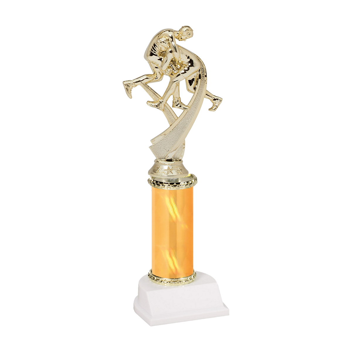 Champion Series Wrestling Trophy - Takedown, gold two-wrestler figure on a swoosh riser atop a gold column with white base