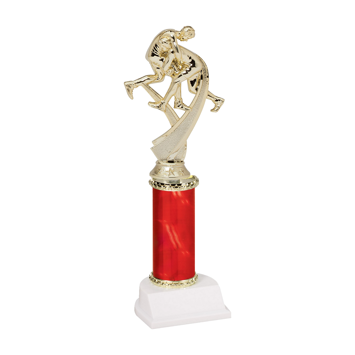 Champion Series Wrestling Trophy - Takedown, gold two-wrestler figure on a swoosh riser atop a red column with white base