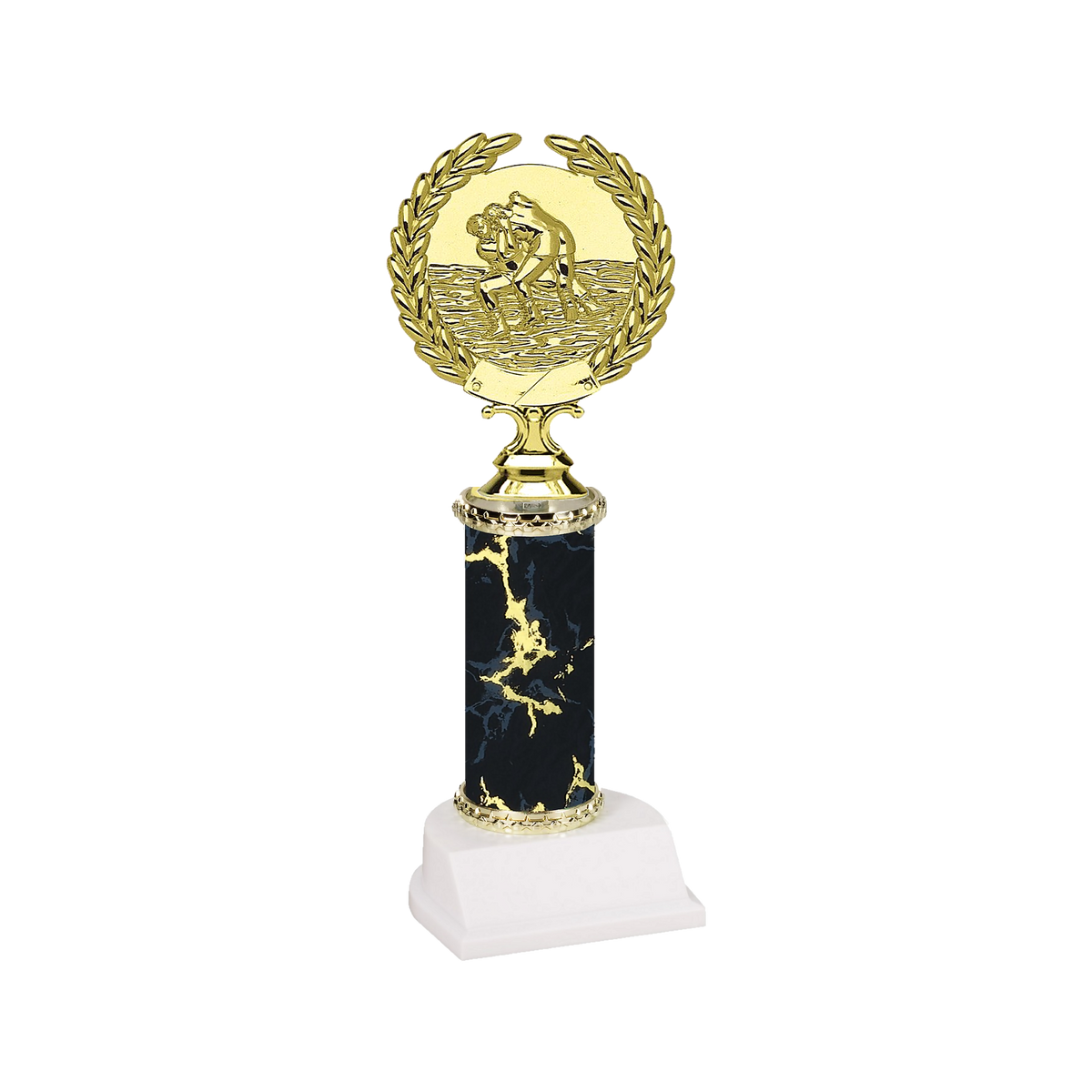 Champion Series Wrestling Trophy - Wreath, gold wrestling medallion framed by a laurel wreath atop a black marble column with white base