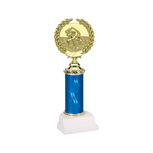 Champion Series Wrestling Trophy - Wreath, gold wrestling medallion framed by a laurel wreath atop a blue column with white base