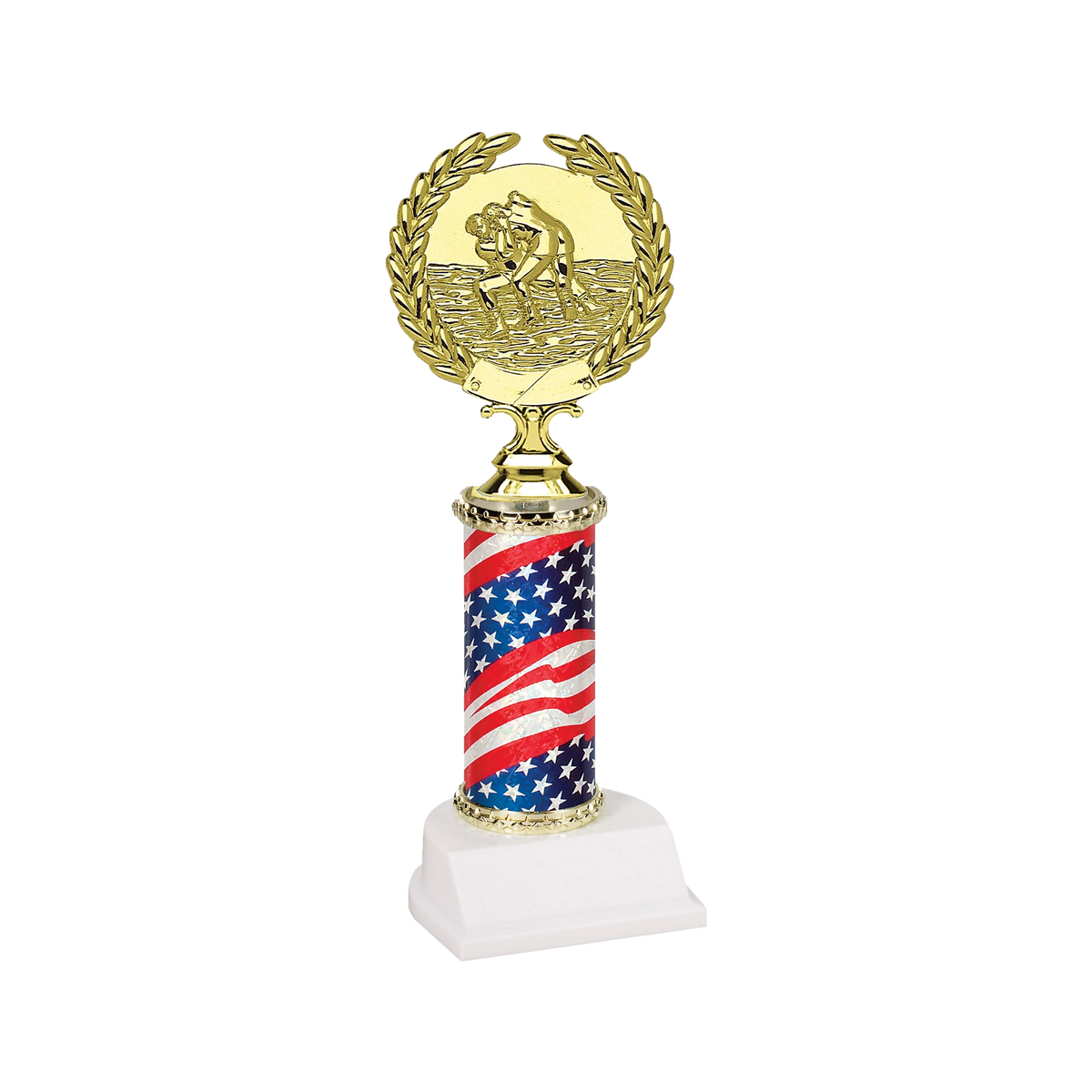 Champion Series Wrestling Trophy - Wreath, gold wrestling medallion framed by a laurel wreath atop a stars and stripes flag column with white base