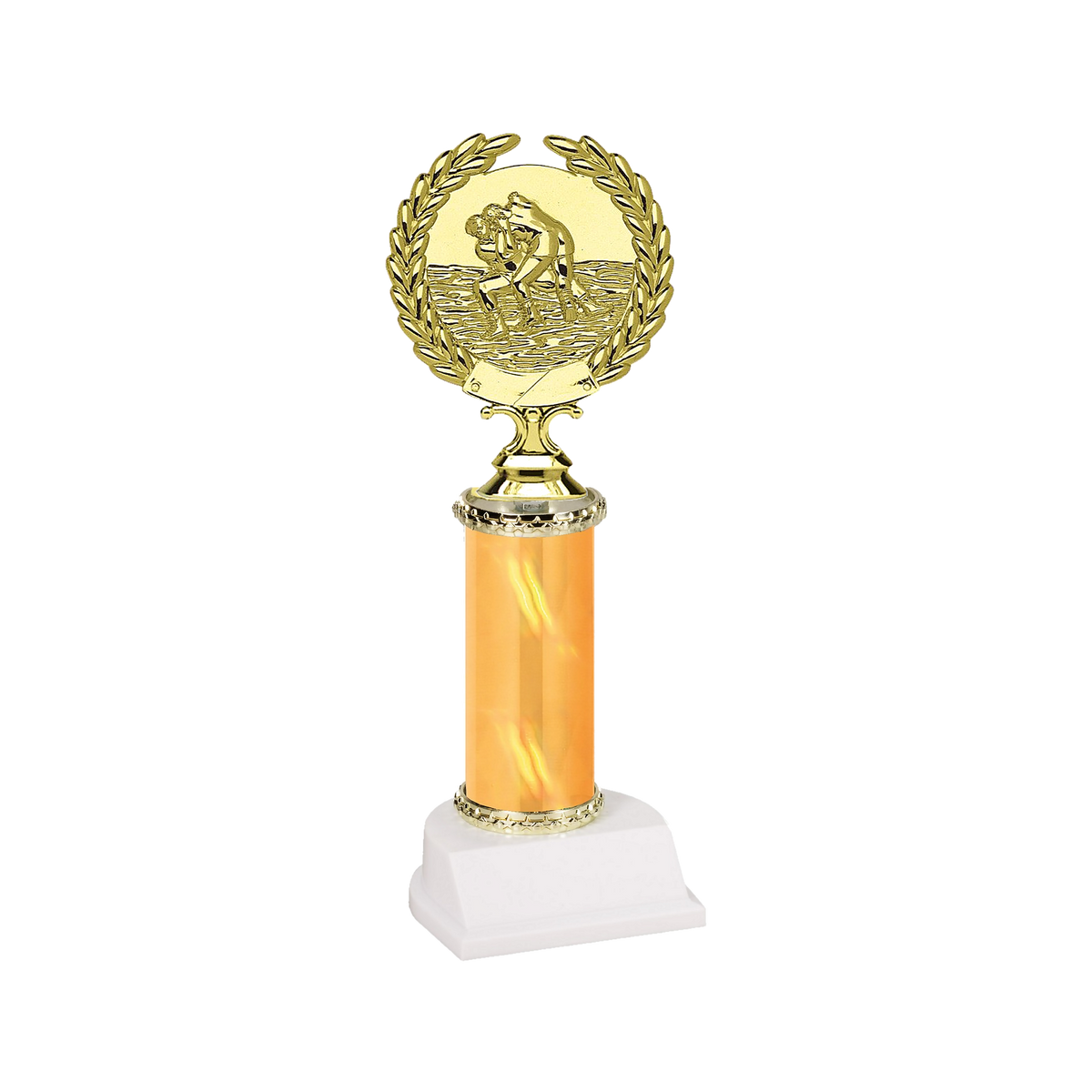 Champion Series Wrestling Trophy - Wreath, gold wrestling medallion framed by a laurel wreath atop a gold column with white base