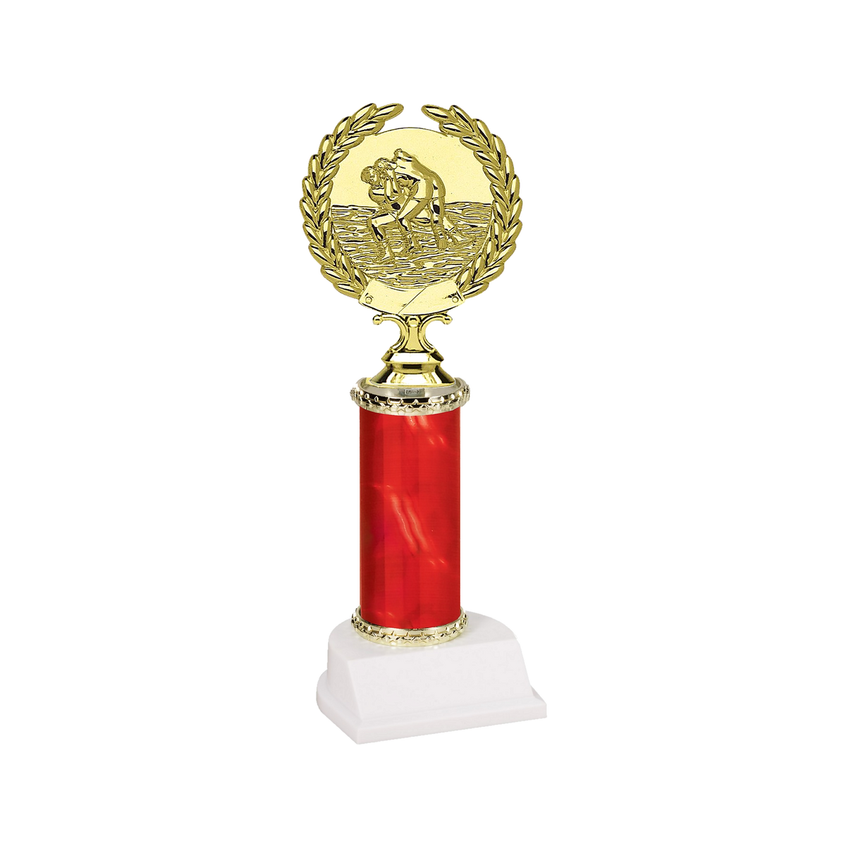 Champion Series Wrestling Trophy - Wreath, gold wrestling medallion framed by a laurel wreath atop a red column with white base
