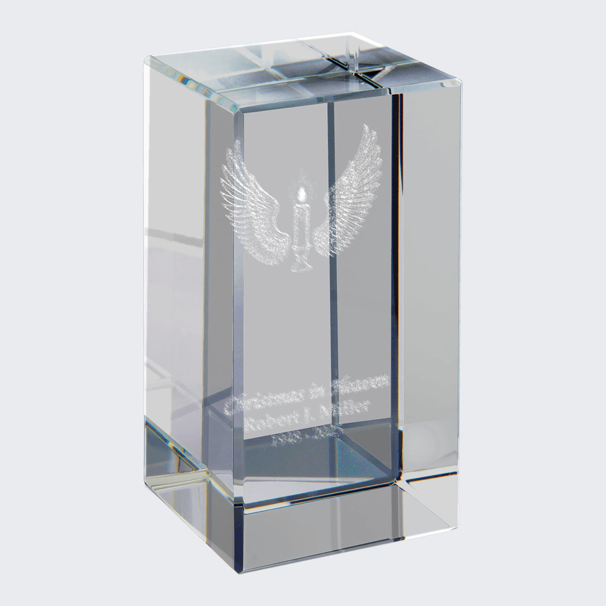 Angel wings and candle memorial engraved inside clear crystal