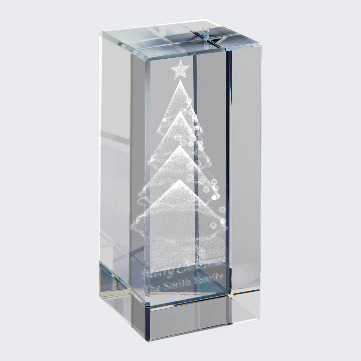 Personalized Christmas tree engraved inside clear crystal block