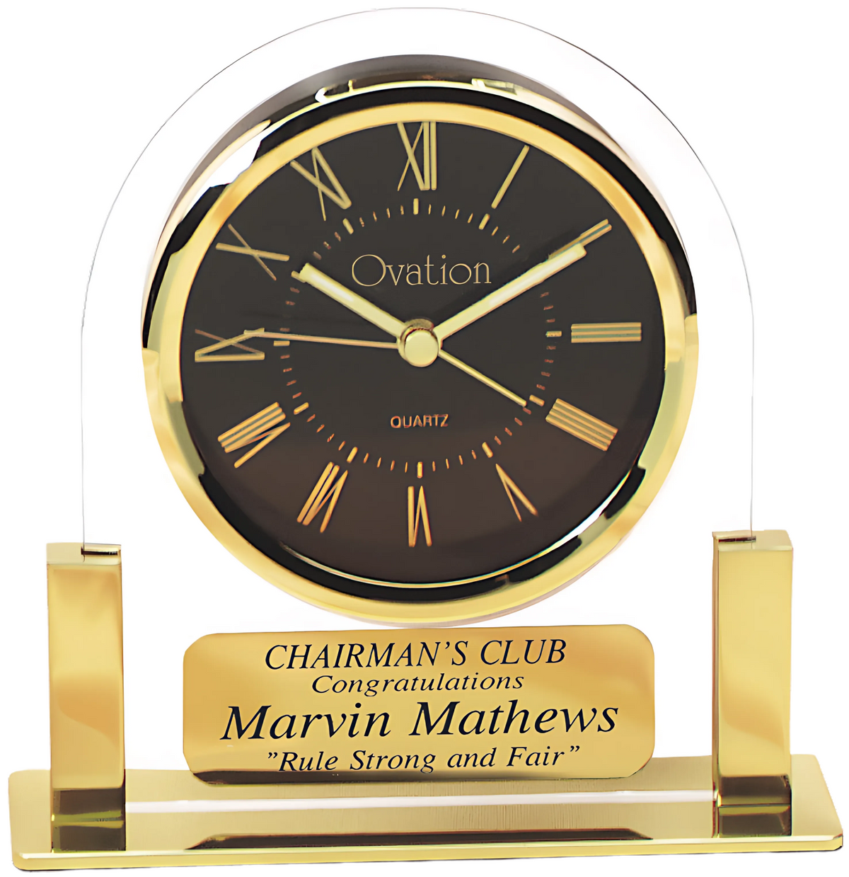 Glass arch desk clock with gold accents – Clear
