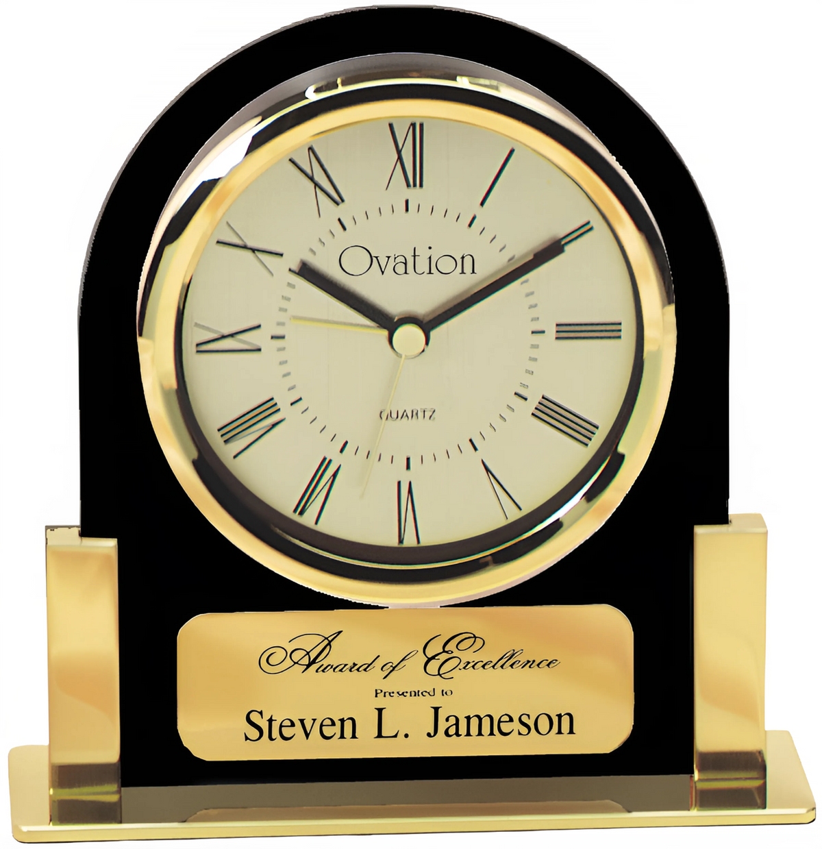 Glass arch desk clock with gold accents – Black