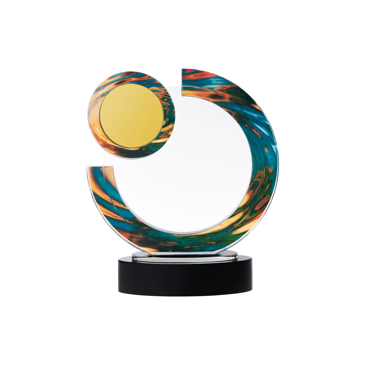 Copper, teal and gold swirl crystal crescent award with clear center on a marble base, front view