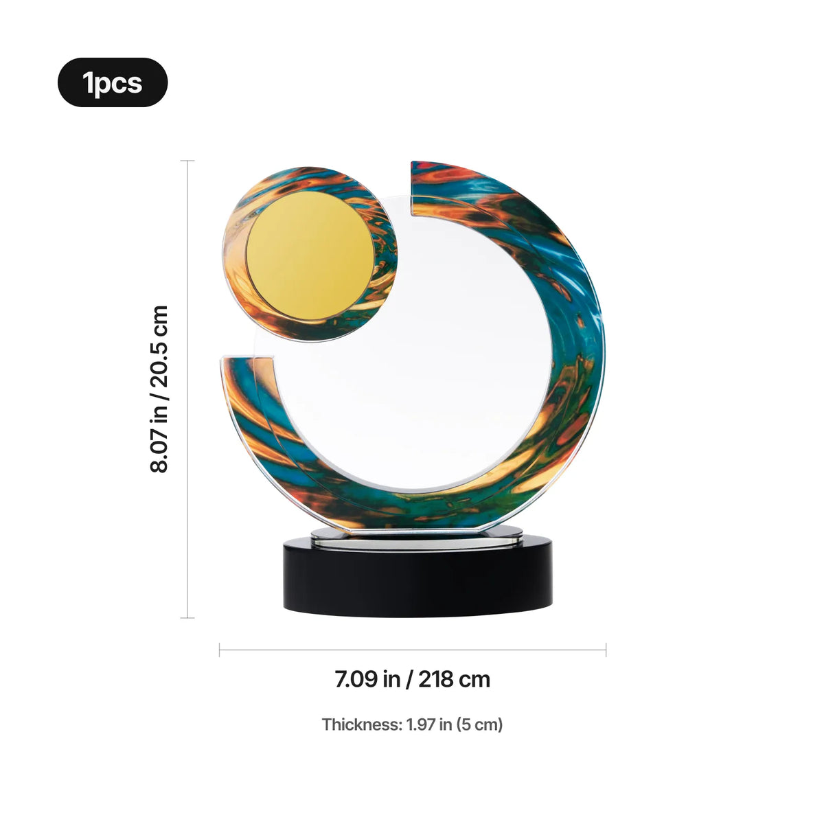 Personalized colored swirl crystal award with gold-tone accent and marble base, angled view