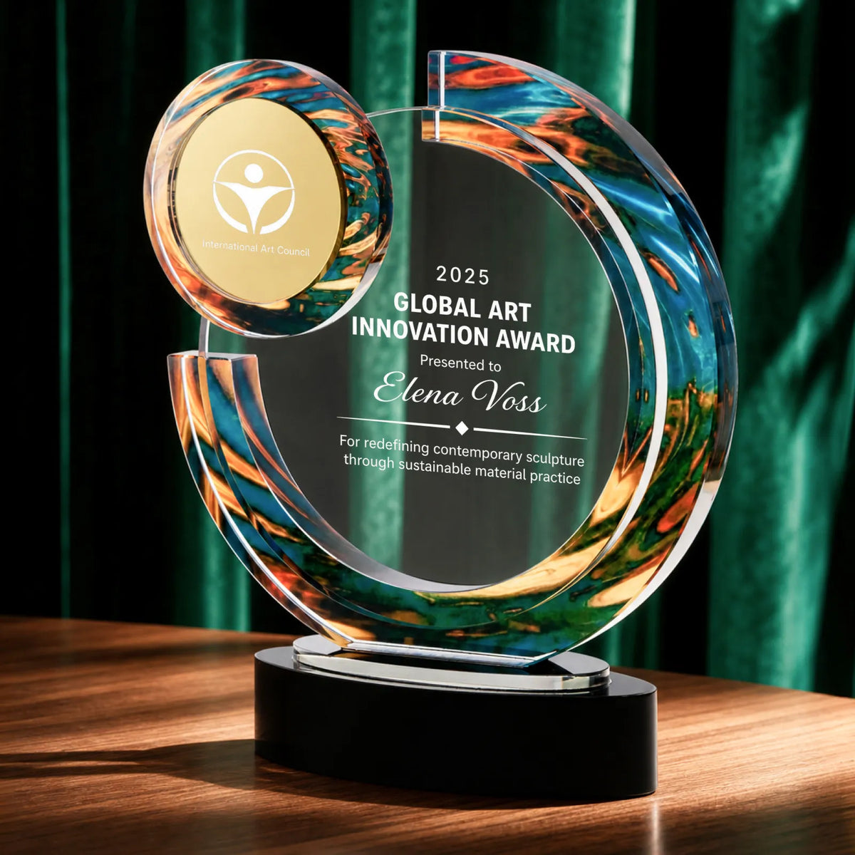 Colored swirl crystal award with gold medallion logo and engraved award text on a black marble base