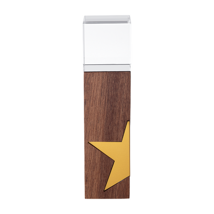 Clear K9 crystal column award on a black walnut base