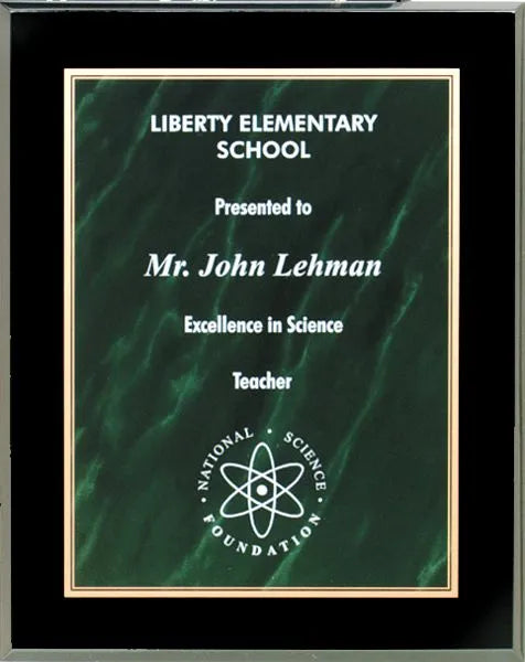 Green marble acrylic award plaque with glossy black frame and gold inner border, engraved in white