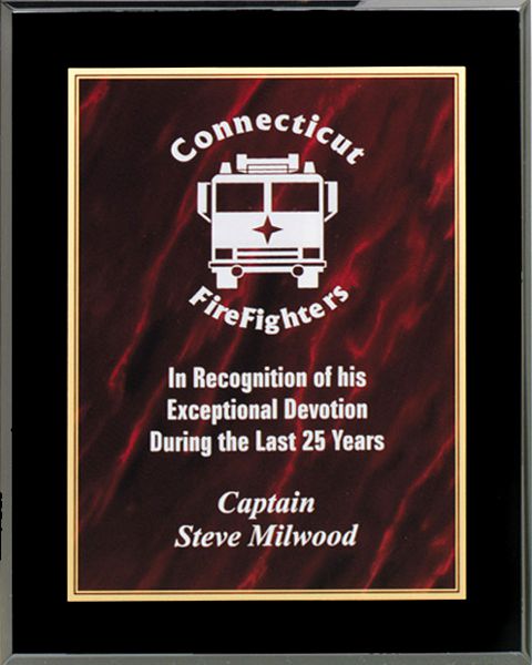 Red marble acrylic award plaque with glossy black frame and gold inner border, engraved in white