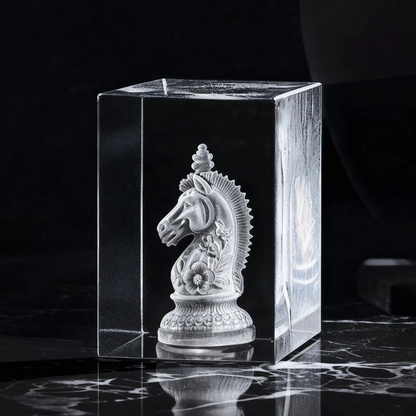 Crystal block with a horse head sculpture on a dark surface