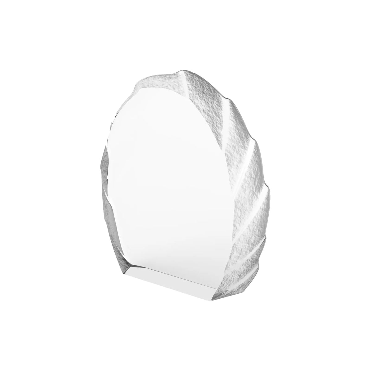 Clear oval crystal award with a decorative scalloped edge, front view