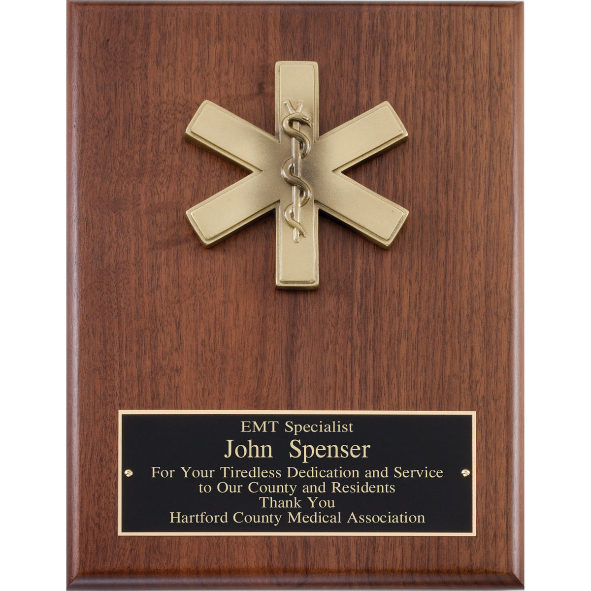 Genuine walnut plaque with raised Star of Life EMS casting and black engraved plate