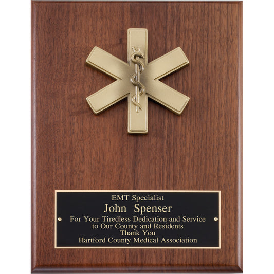 Genuine walnut plaque with raised Star of Life EMS casting and black engraved plate