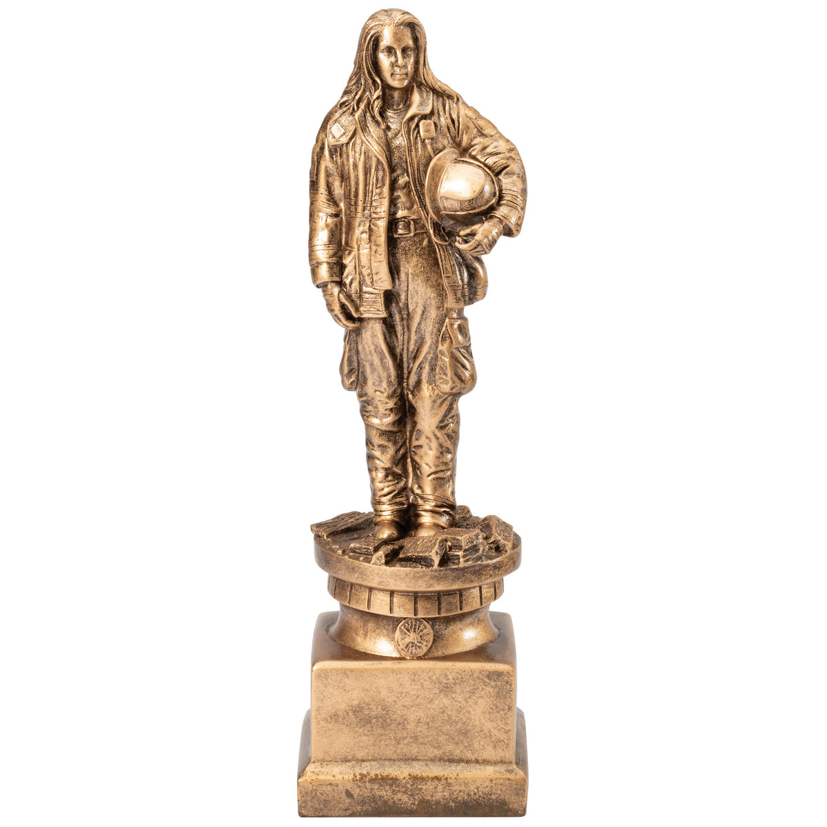 Antique gold resin female firefighter holding helmet figure award with Maltese cross base