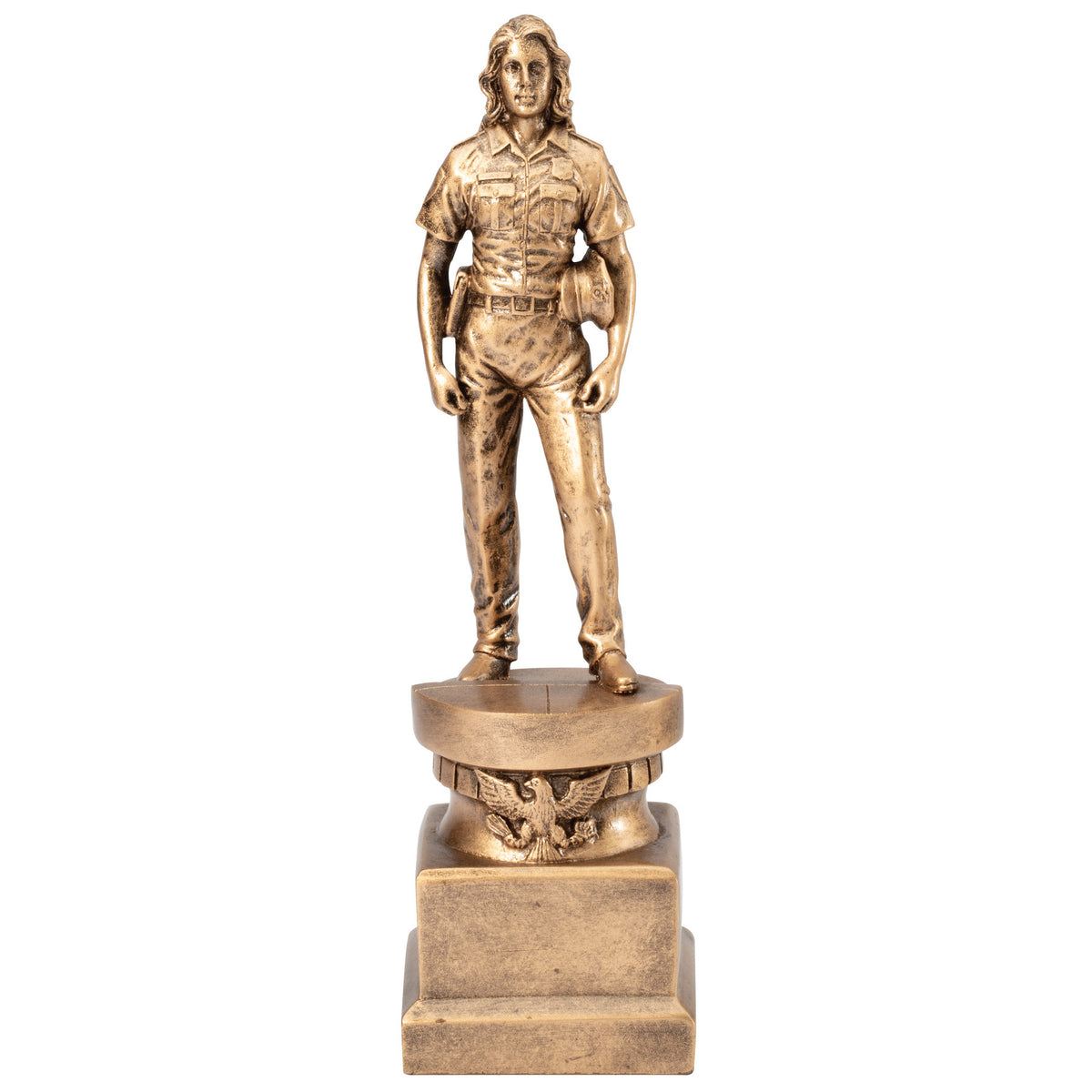 Antique gold resin female police officer figure award with eagle base and engraving plate