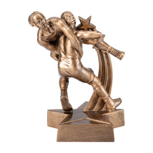 Female SuperStar wrestling trophy with two female wrestlers in a takedown beside a rising star, bronze finish