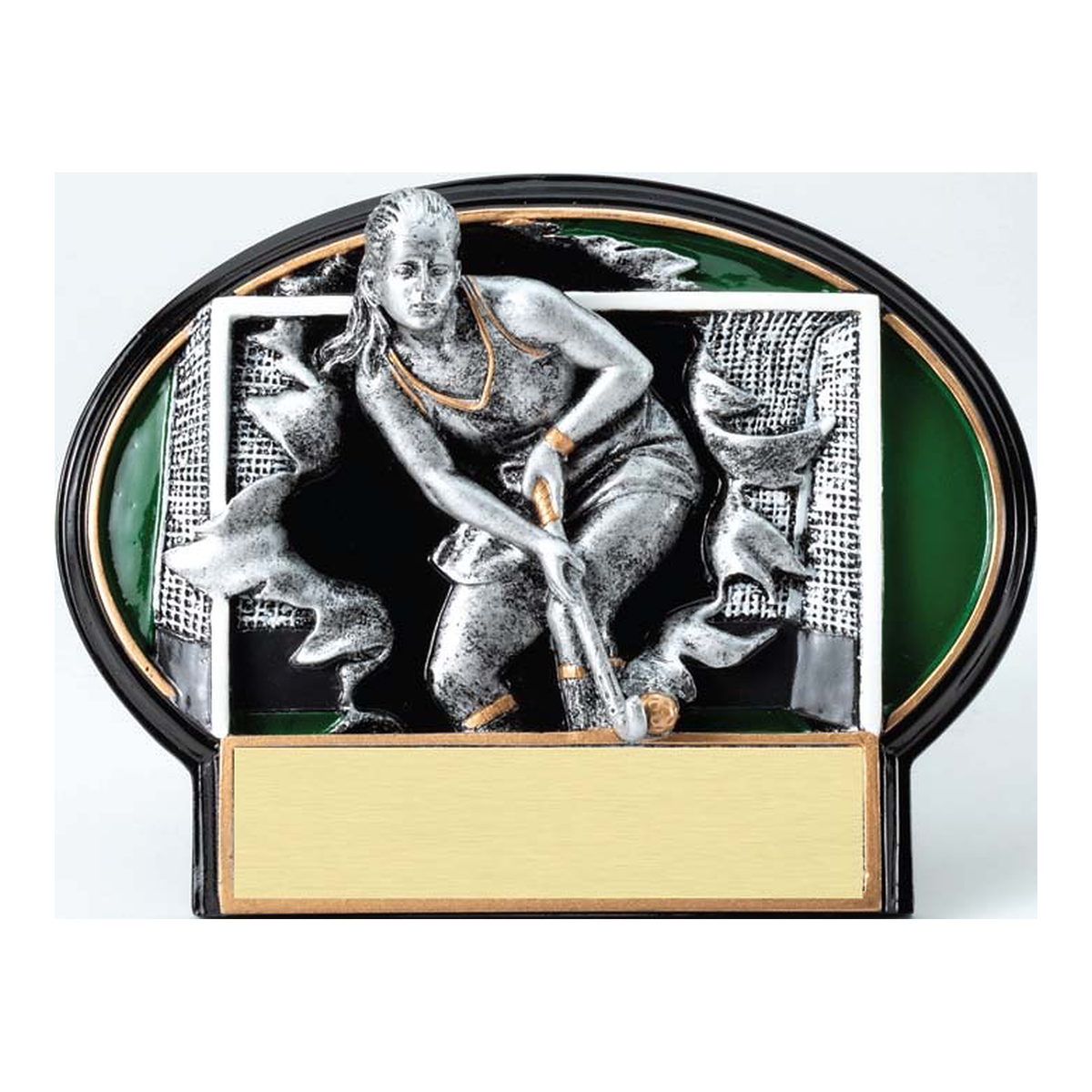 3-D field hockey player bursting through the goal net on a black oval resin plate award with gold engraving plate