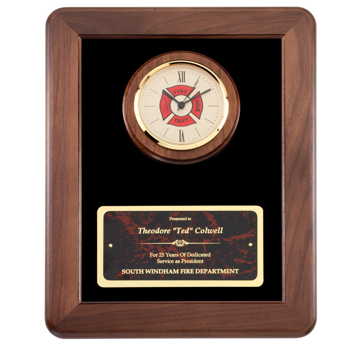 Walnut framed plaque with fire department Maltese cross clock and red marble engraved plate on black velour
