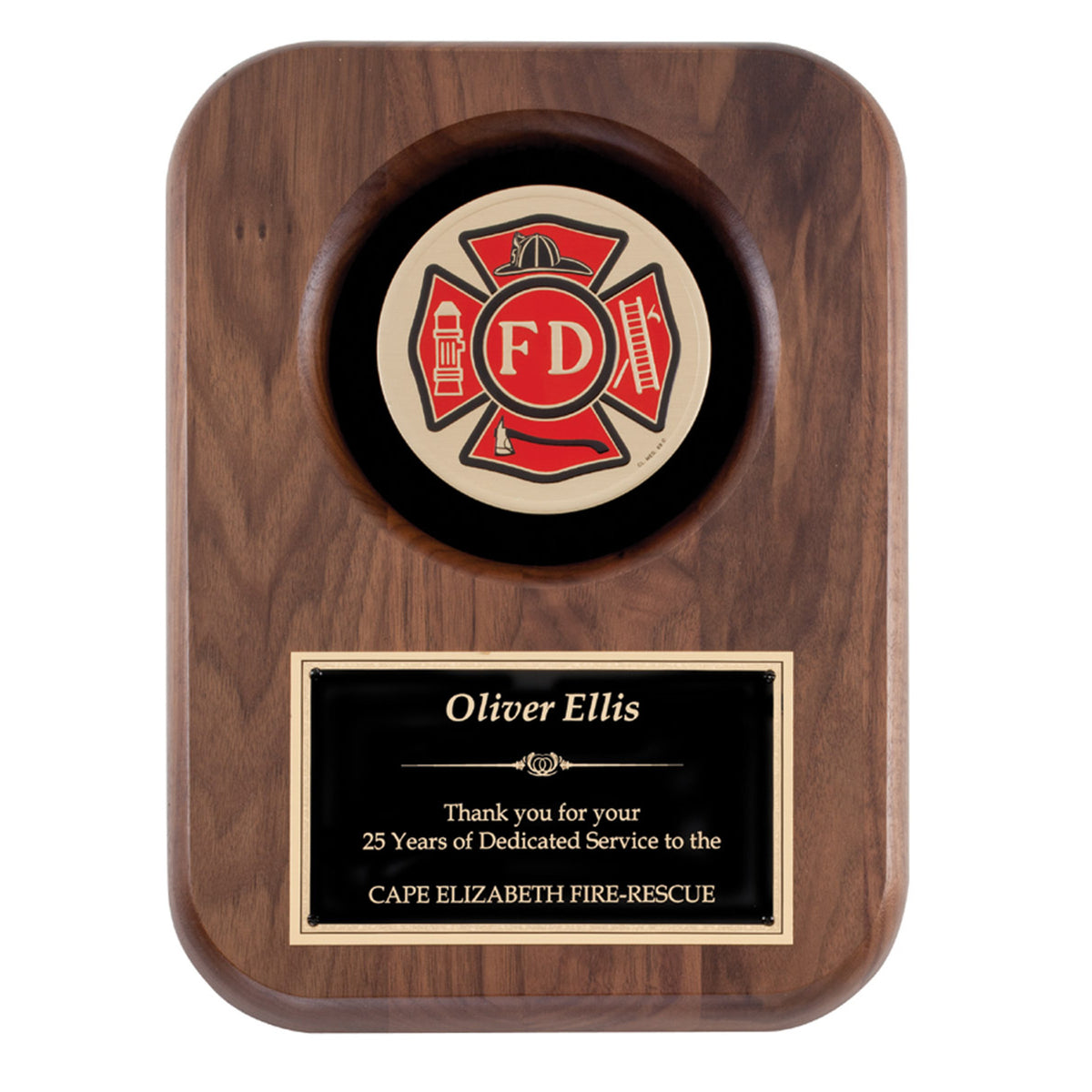 Walnut plaque with recessed full color fire department Maltese cross emblem and engraved plate