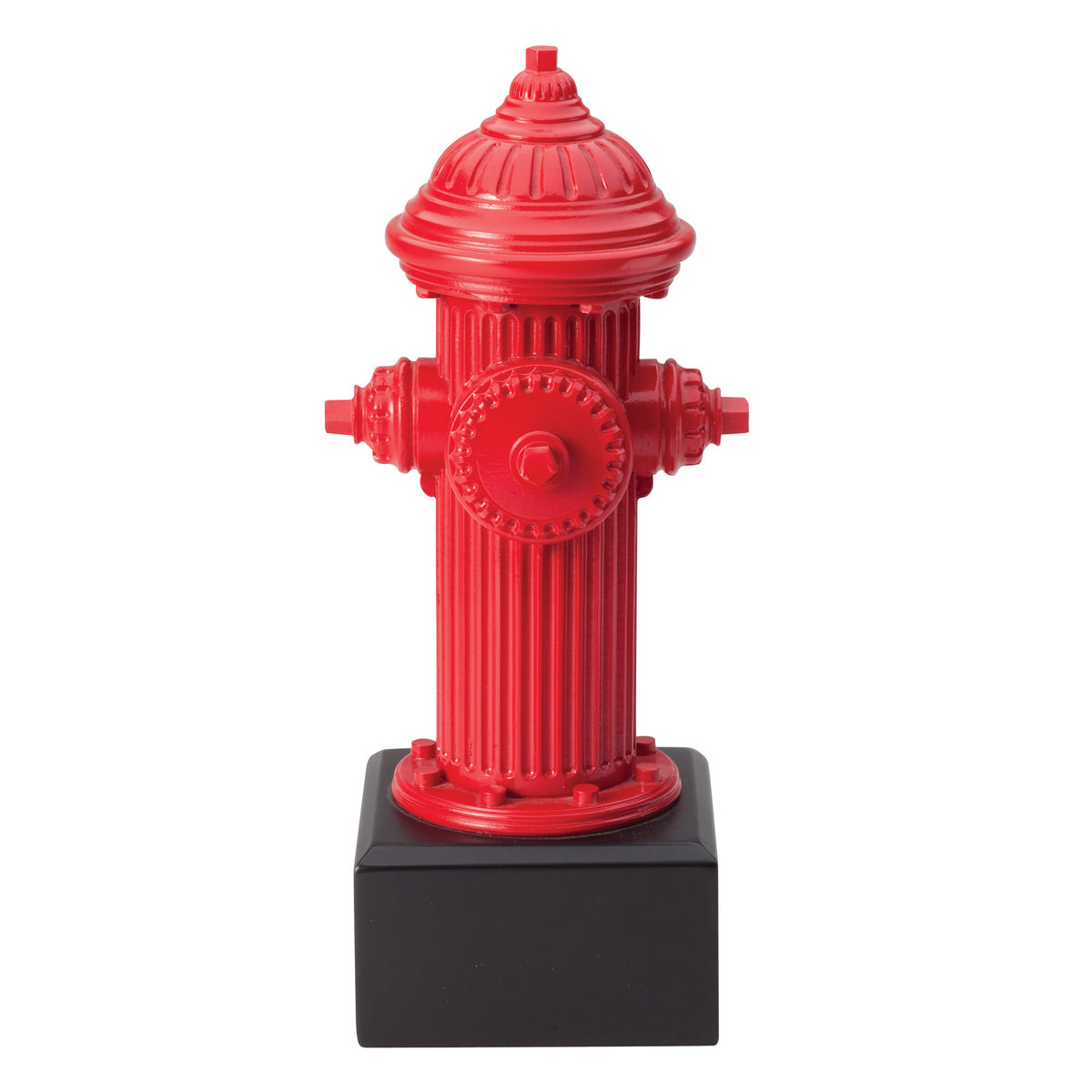 Red resin fire hydrant award on a black base with engraving plate