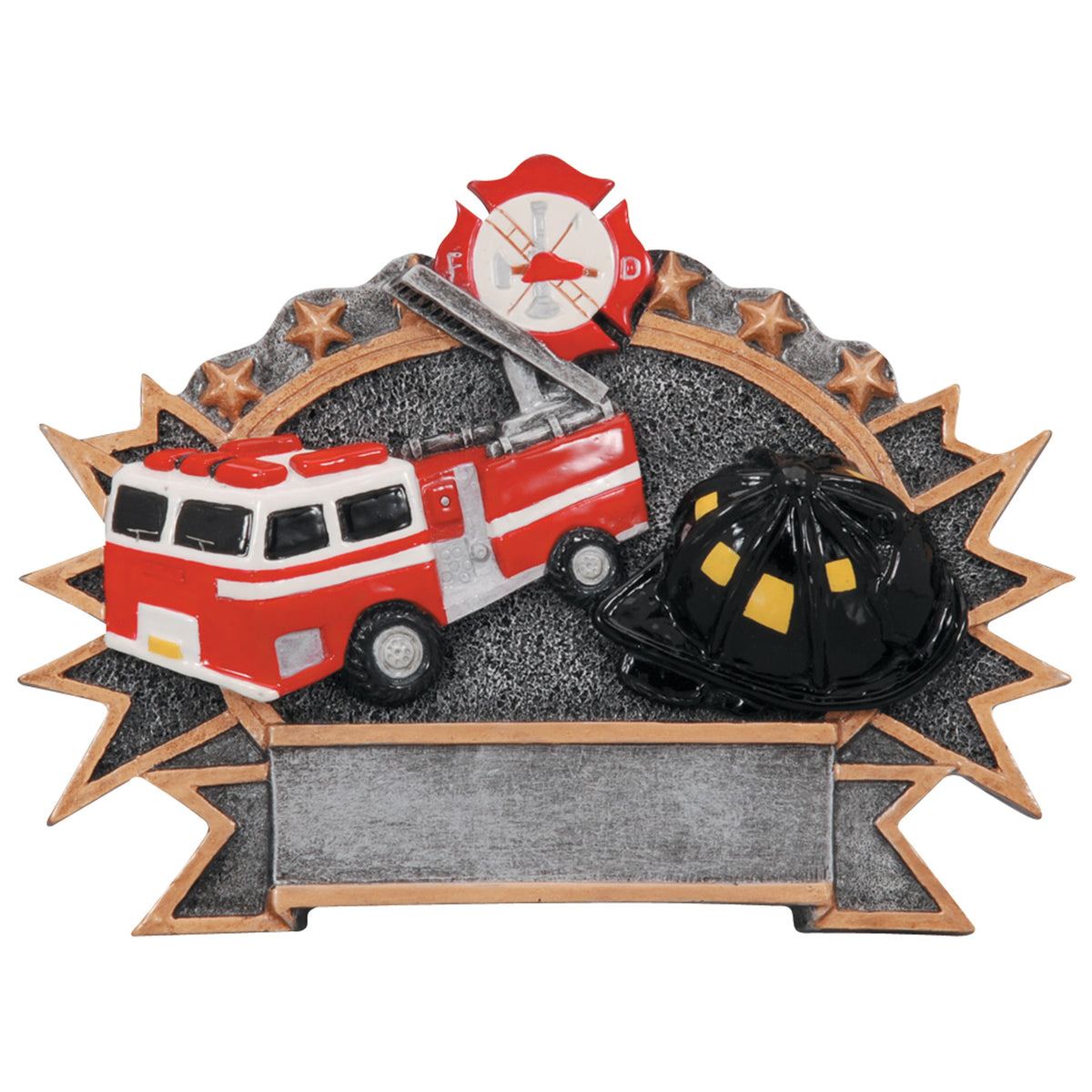 Full color fire truck and firefighter helmet resin plate award with starburst frame