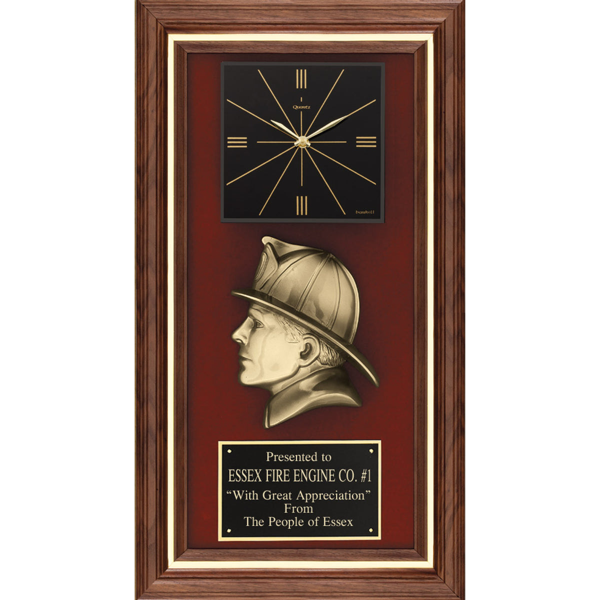 Tall walnut framed plaque with black clock, brass firefighter helmet casting and red velour