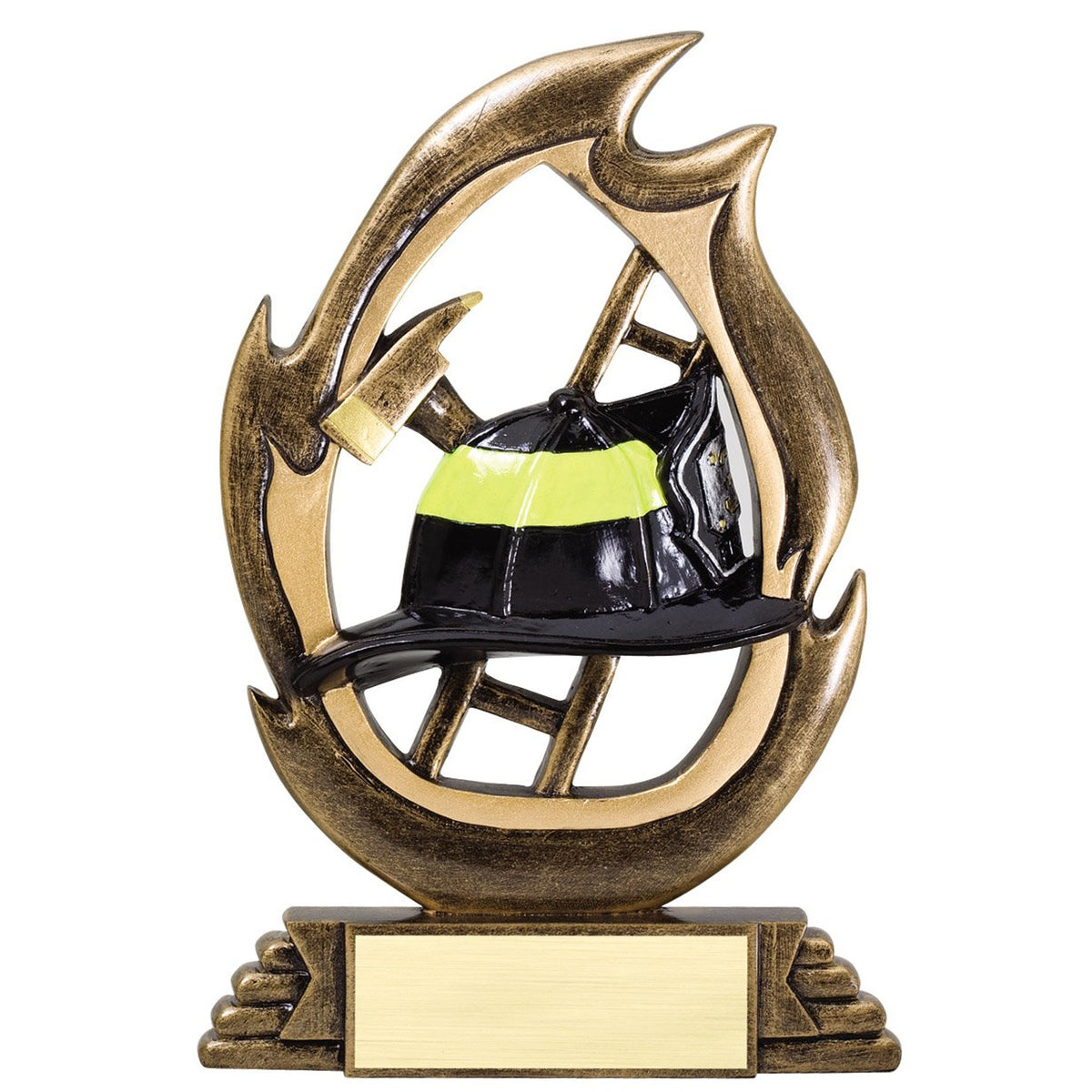 Resin trophy with black firefighter helmet inside a gold flame with axe and ladder
