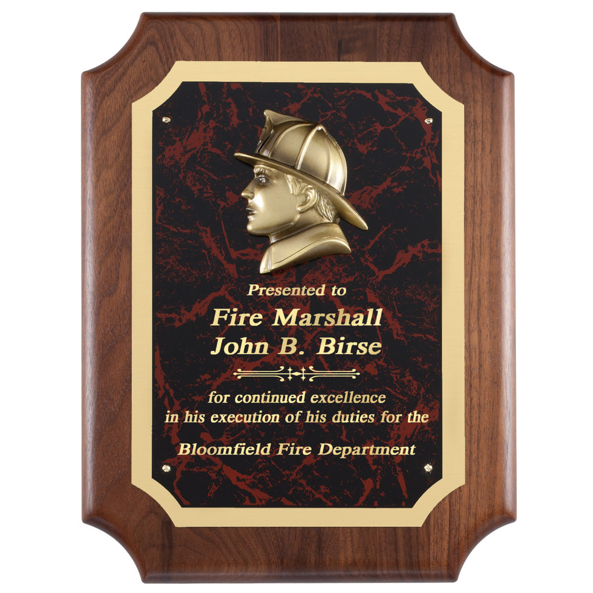 Walnut plaque with brass firefighter helmet casting on a red marble engraving plate